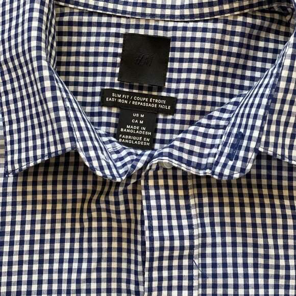 Men's H&M Button Down Navy Blue & White Gingham Shirt Size M - Picture 3 of 4